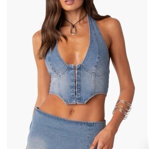 EDIKTED Katrina Lace-Up Denim Corset Halter Top Size Small